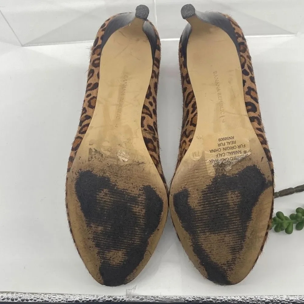 Banana Republic Genuine Calf Hair Pumps Animal Print Leopard Heels Brown Tan‎ 7